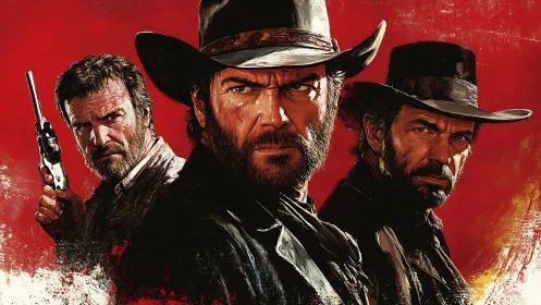 Triangulated gunslinger portraits under saturated crimson field.