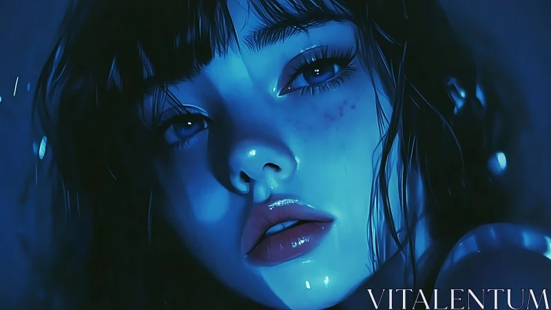 Digital painting portrait in neon blue cinematic close-up lighting.