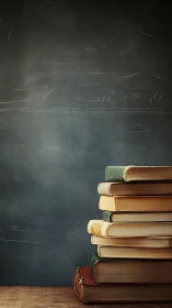 Stacked vintage books beside textured chalkboard wall.