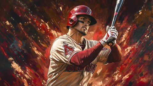 Baseball batter in mid-swing against abstract red backdrop