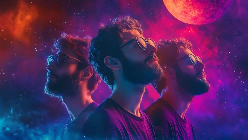 Triple cosmic portraits under neon planet glow in space.