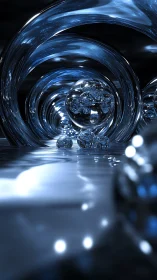 3D metallic vortex spheres in reflective blue tunnel space.