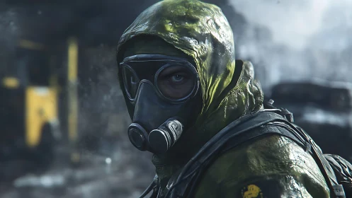 Post-apocalyptic responder in hazmat gear with gas respirator