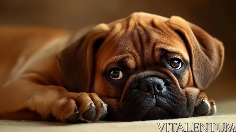 Close-up of brown puppy lying on soft indoor surface.