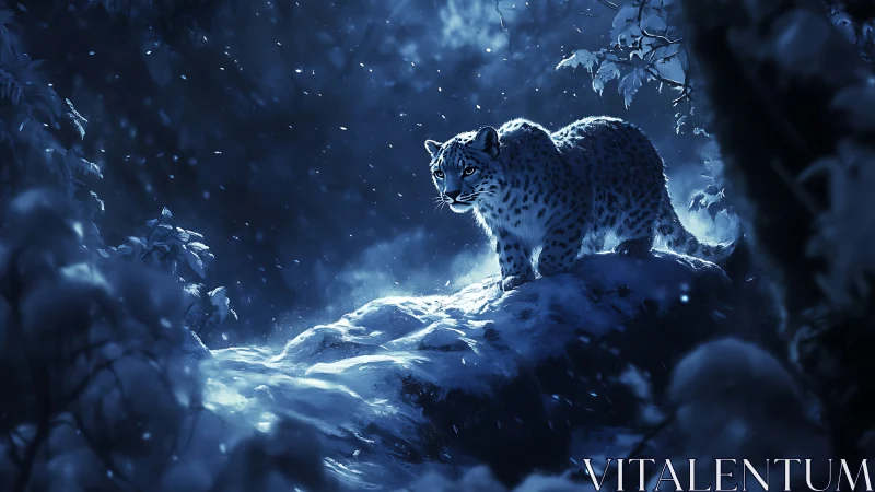 Snow Leopard in Alpine Mountain Terrain During Winter Snowstorm