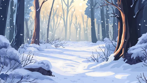 Snowy Forest Path Through Winter Trees.