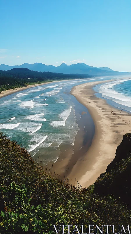 Photorealistic coastal panorama with sweeping tidal shoreline.