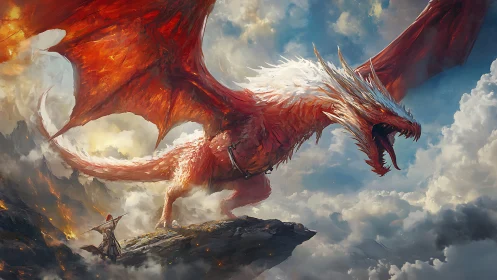 Crimson dragon dominates stormy cliff in epic showdown.
