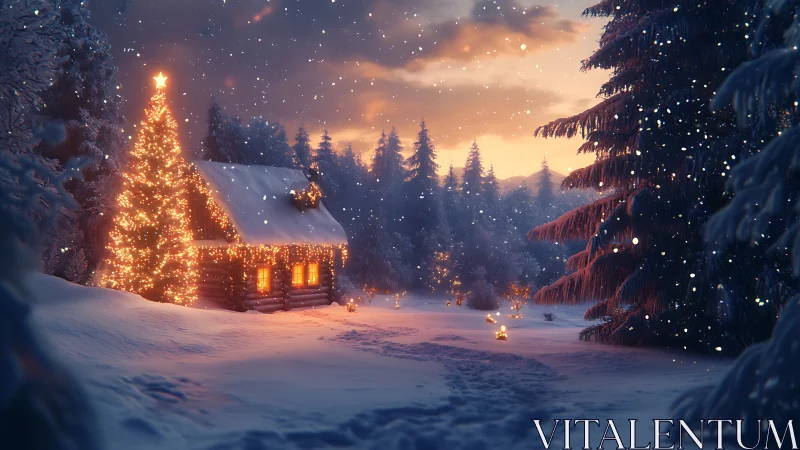 Snow-dusted forest hushes while a lantern-lit cabin glows bright