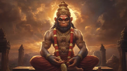 Hanuman-inspired deity in meditative temple setting.