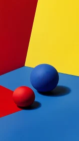 Primary colored spheres on geometric red, blue, yellow set.
