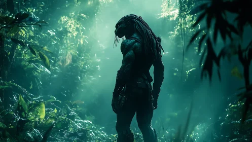 Bioluminescent jungle hunter silhouette in volumetric teal haze