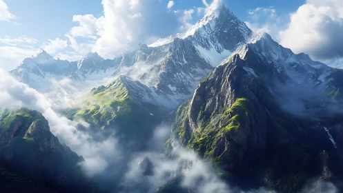 Sky-daring emerald peaks wrapped in wandering cloud veils.