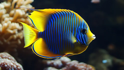 Coral-reef monarch fish in electric blue and sunlit gold.