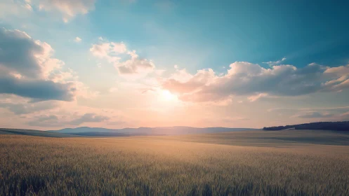 Sunlit wheat horizon under a dreamy, wide open sky.