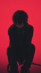 Dark anime figure with red glowing eyes against red backdrop.