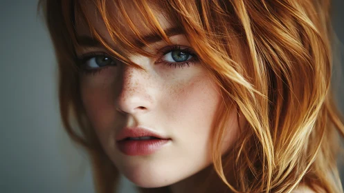 Cinematic close-up portrait renders freckled redhead in focus