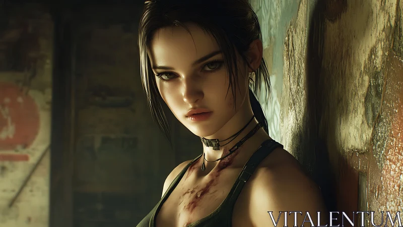 Digital portrait shows wounded woman in dim industrial interior