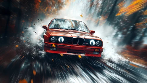 Red BMW sports coupe moving through wet forest road scene.