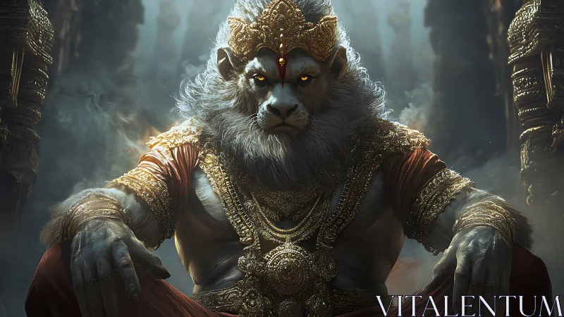 Lion-headed deity figure in ornate golden armor seated.