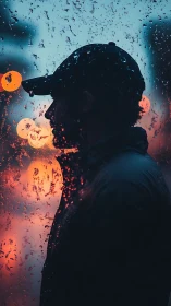 Silhouette in neon rain against twilight city glow.