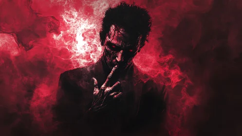 Sinister red-lit figure dissolves into swirling digital smoke