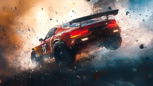 Roaring red drift car kicking up sparks in a fiery race.