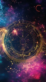 Golden astrolabe diagram overlays multicolored cosmic nebula