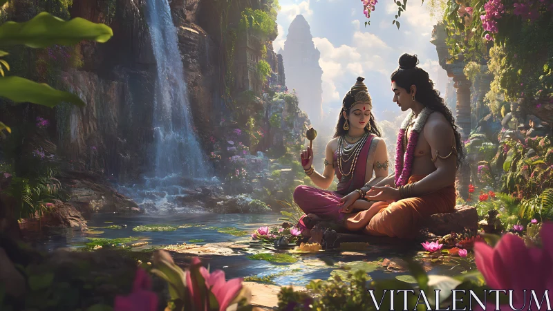 Sacred couple share quiet wisdom beside a sunlit waterfall