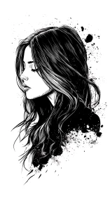 Monochrome ink portrait captures pensive female profile in motion
