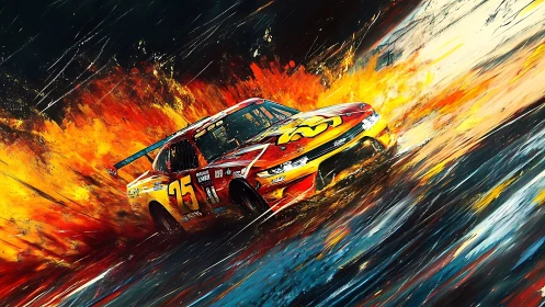 Flaming stock car surges through explosive abstract color