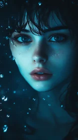 Blue lit underwater girl portrait with intense gaze.