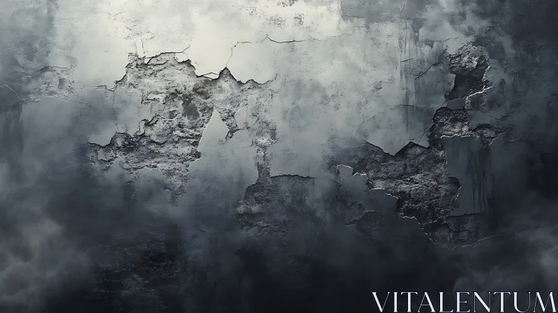 Eroded concrete facade with stratified decay and tonal fogging.