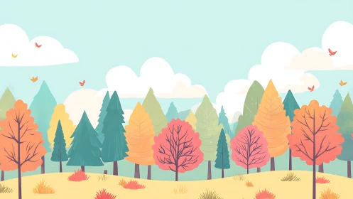 Stylized pastel autumn forest with rolling golden meadow.