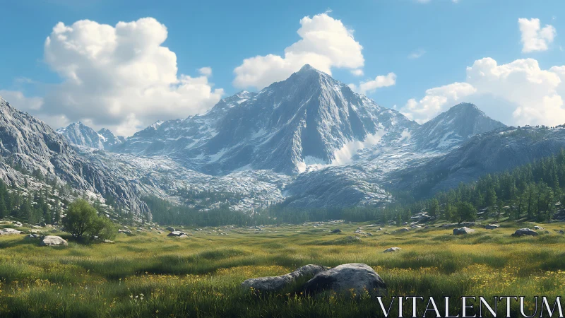 Snowcapped mountain range over grassy alpine valley under sky.