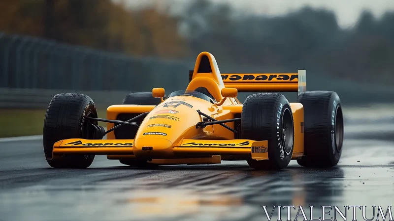 Yellow formula race car on wet track in cinematic focus.