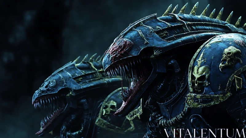 Armored alien war beasts surge forward through shadowed void