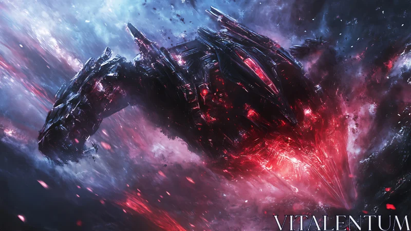 Blazing starship dives through crackling cosmic stormfire