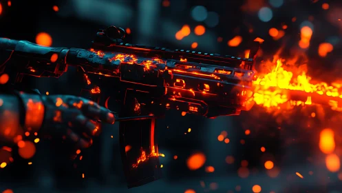 Assault Rifle Engulfed in Amber Flame and Explosive Particles
