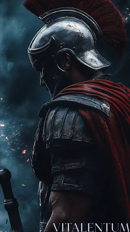 Side-profile Roman legionary in weathered armor under embers.