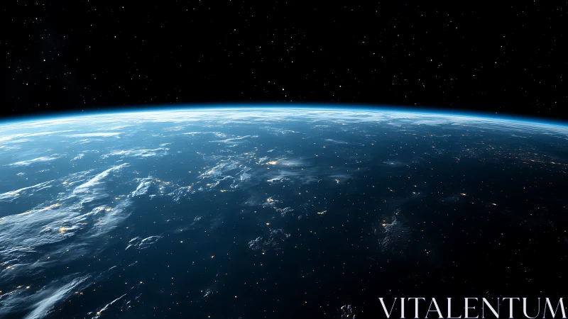 Curved blue Earth glows softly against a deep star-filled cosmos.