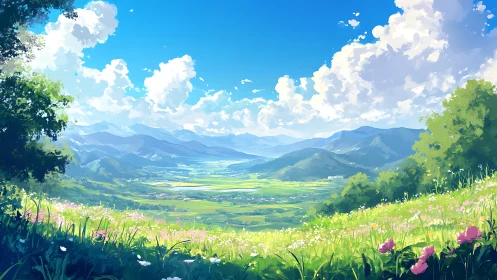 Sunlit hilltop meadow looks over peaceful green valley