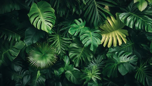 Dense overlapping tropical foliage with varied green leaves.