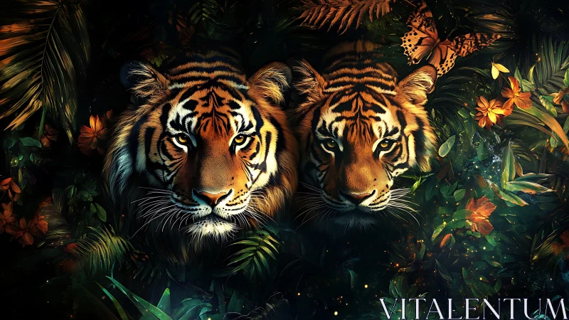 Two Tigers Among Flowers and Butterflies in Jungle Shadows