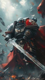 Armored sci fi knight strides forward with raised sword