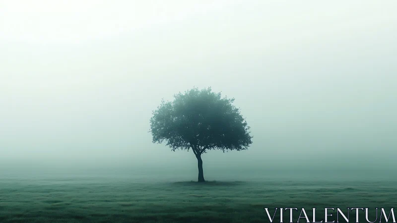 Solitary tree emerges from low fog in minimal landscape study