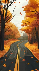 Curving asphalt corridor through vector stylized autumn canopy.