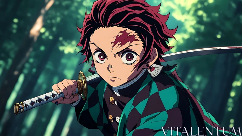 Anime swordsman holds katana in defensive forest stance