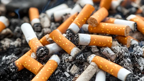 Macro close-up of smoked cigarette butts in dense ash bed