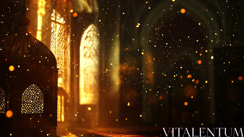 Golden dust drifts through a lanternlit hall at twilight